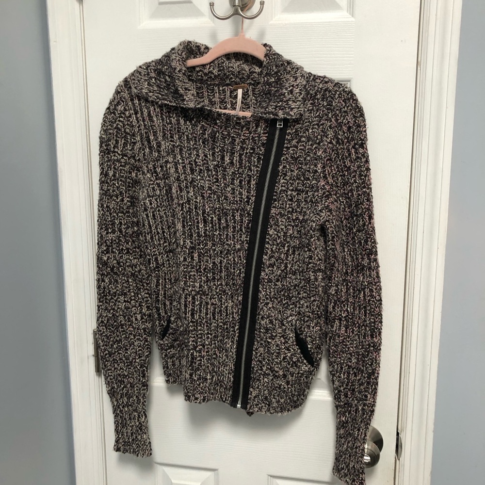 FREE PEOPLE Womens Moto Zip Chunky Knit Cardigan Sweater Marled Small